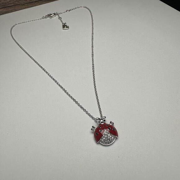Swarovski Crystal Enamel Ladybug Bug Necklace Silver Tone